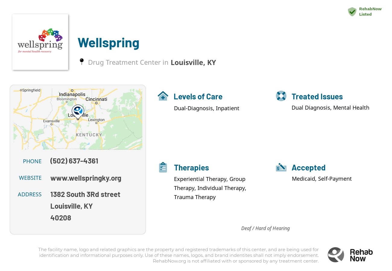 Helpful reference information for Wellspring, a drug treatment center in Kentucky located at: 1382 South 3Rd street, Louisville, KY, 40208, including phone numbers, official website, and more. Listed briefly is an overview of Levels of Care, Therapies Offered, Issues Treated, and accepted forms of Payment Methods.