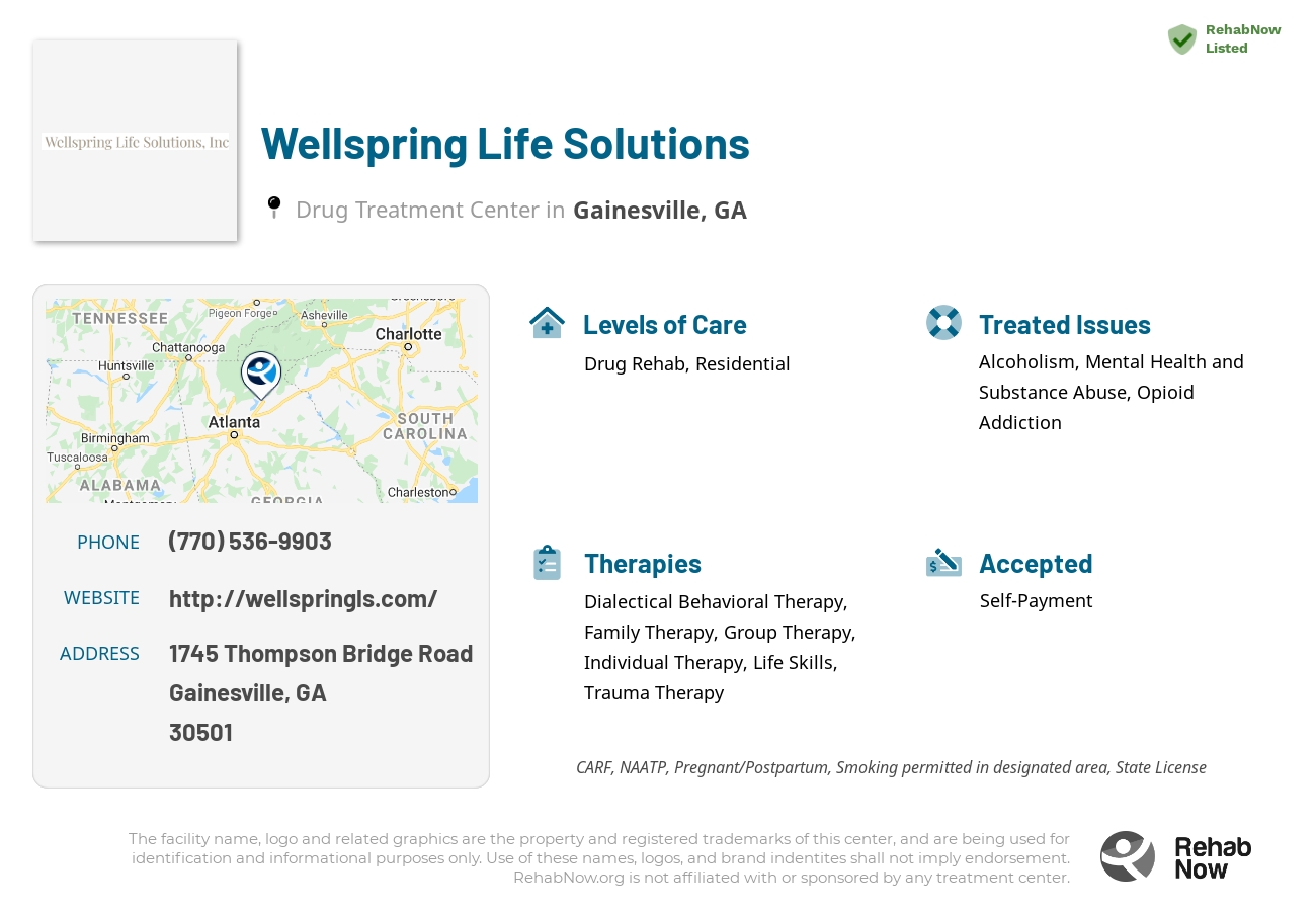 Helpful reference information for Wellspring Life Solutions, a drug treatment center in Georgia located at: 1745 1745 Thompson Bridge Road, Gainesville, GA 30501, including phone numbers, official website, and more. Listed briefly is an overview of Levels of Care, Therapies Offered, Issues Treated, and accepted forms of Payment Methods.