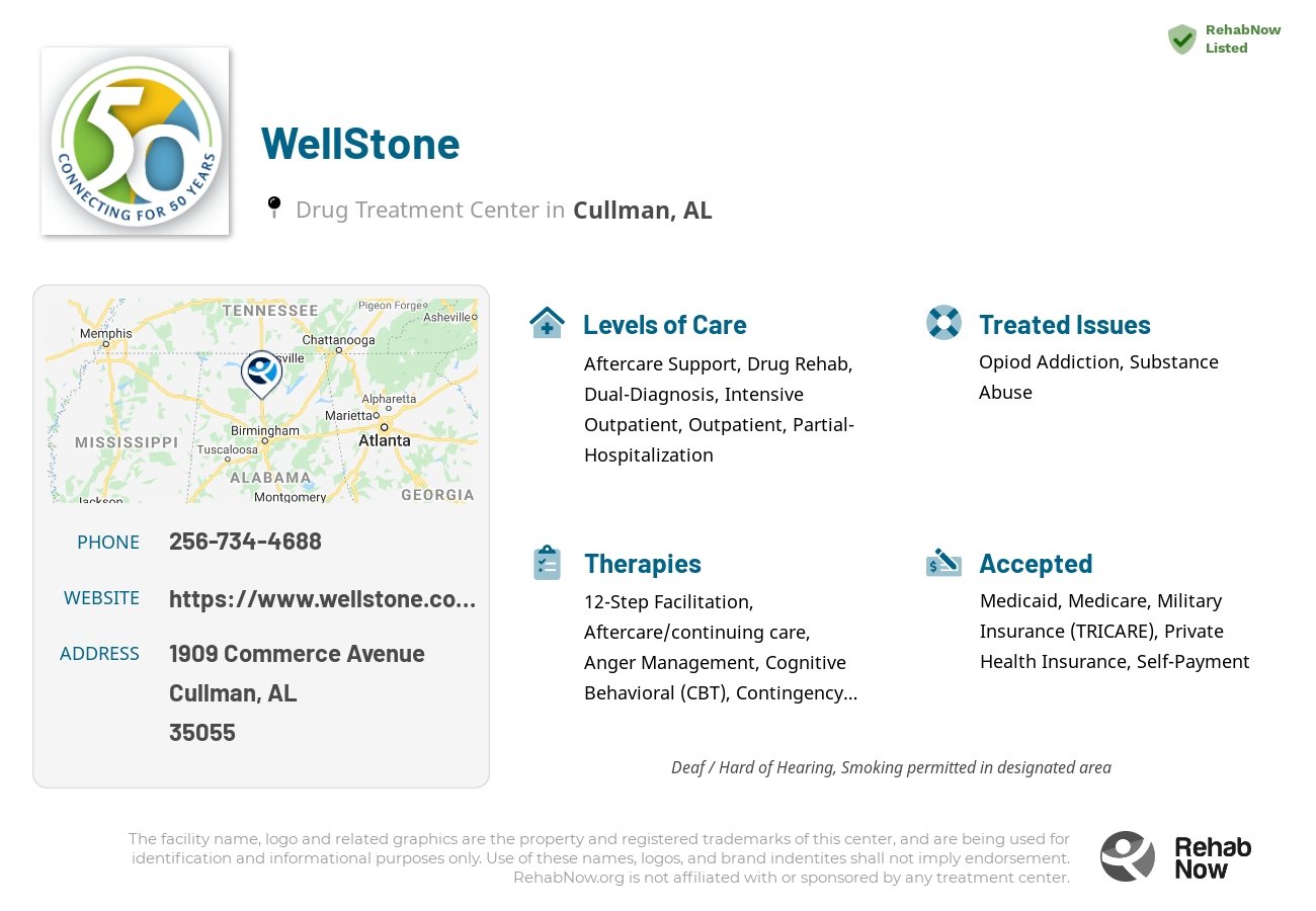Helpful reference information for WellStone, a drug treatment center in Alabama located at: 1909 Commerce Avenue, Cullman, AL 35055, including phone numbers, official website, and more. Listed briefly is an overview of Levels of Care, Therapies Offered, Issues Treated, and accepted forms of Payment Methods.