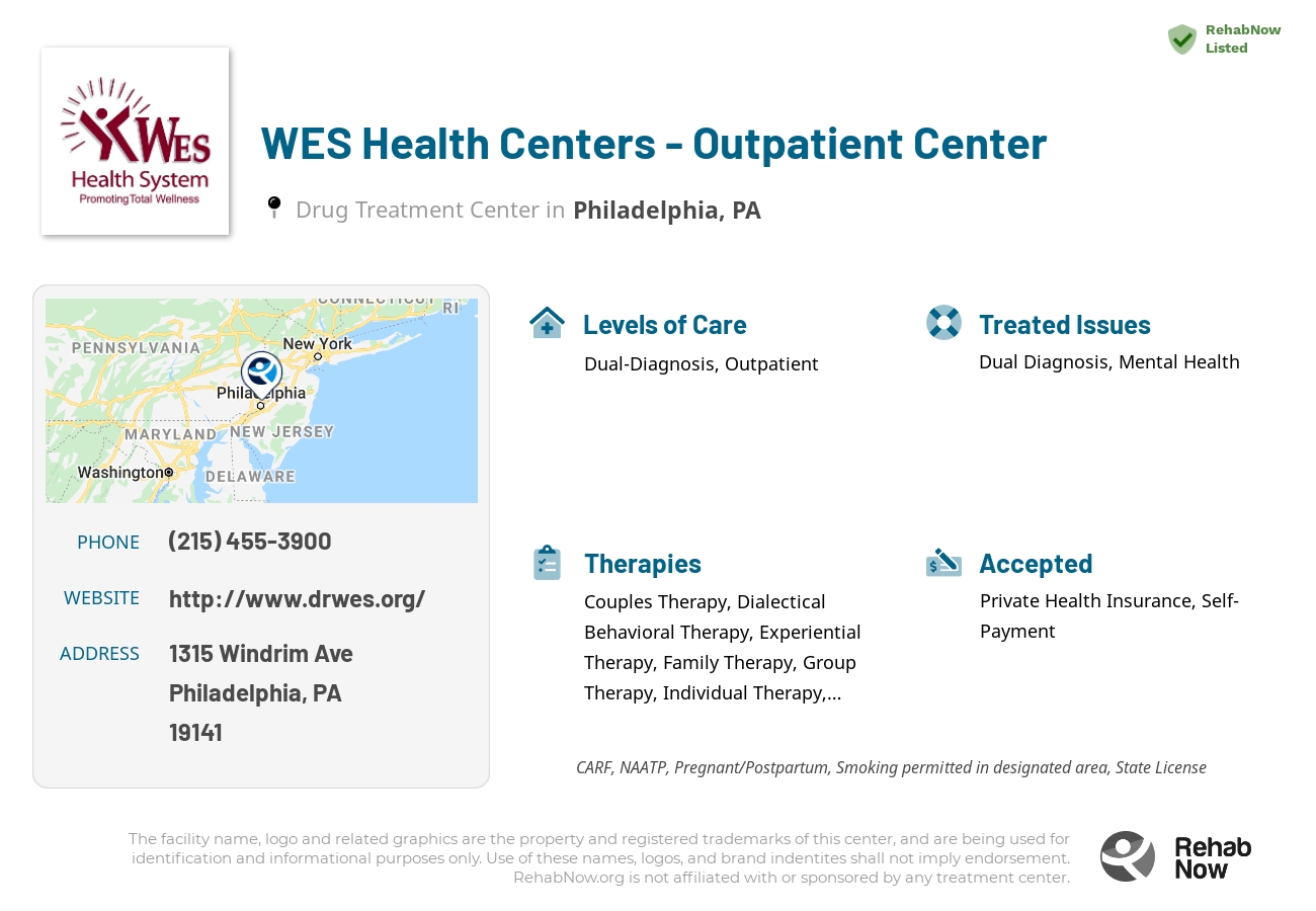 Helpful reference information for WES Health Centers - Outpatient Center, a drug treatment center in Pennsylvania located at: 1315 Windrim Ave, Philadelphia, PA 19141, including phone numbers, official website, and more. Listed briefly is an overview of Levels of Care, Therapies Offered, Issues Treated, and accepted forms of Payment Methods.