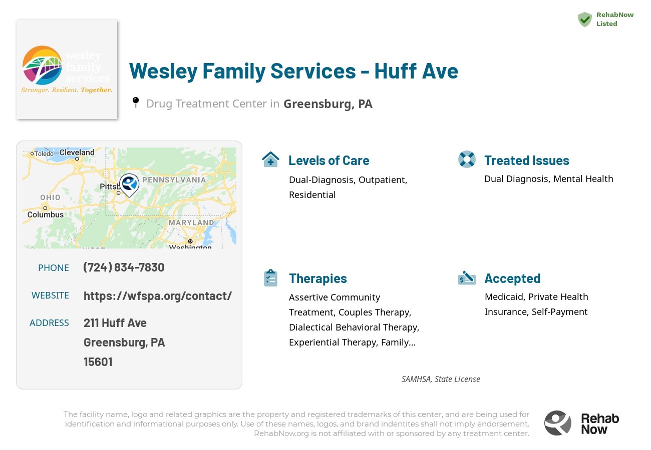 Helpful reference information for Wesley Family Services - Huff Ave, a drug treatment center in Pennsylvania located at: 211 Huff Ave, Greensburg, PA 15601, including phone numbers, official website, and more. Listed briefly is an overview of Levels of Care, Therapies Offered, Issues Treated, and accepted forms of Payment Methods.
