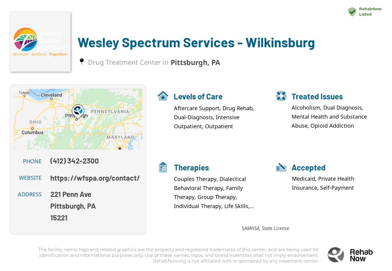 Helpful reference information for Wesley Spectrum Services - Wilkinsburg, a drug treatment center in Pennsylvania located at: 221 Penn Ave, Pittsburgh, PA 15221, including phone numbers, official website, and more. Listed briefly is an overview of Levels of Care, Therapies Offered, Issues Treated, and accepted forms of Payment Methods.