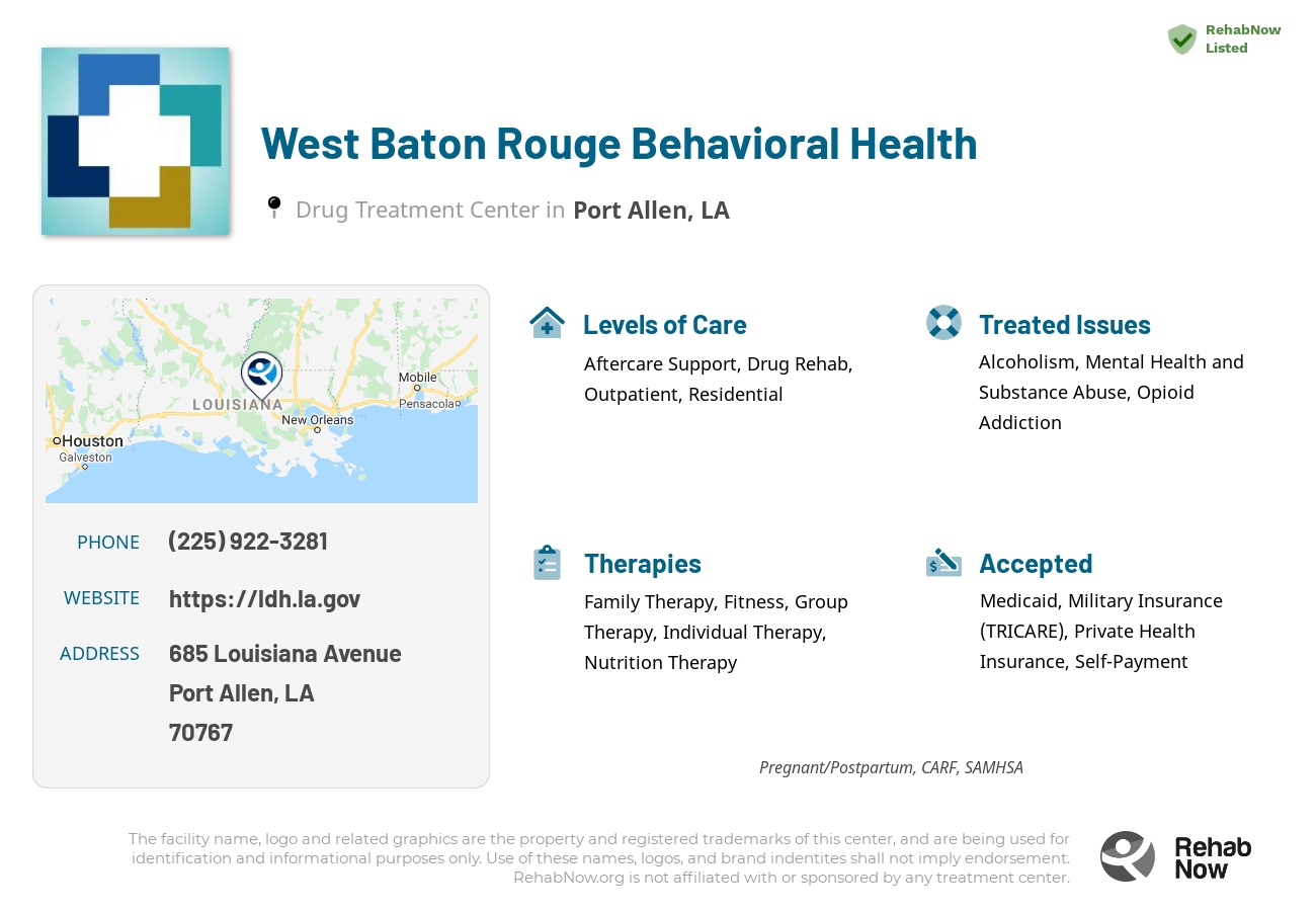 Helpful reference information for West Baton Rouge Behavioral Health, a drug treatment center in Louisiana located at: 685 685 Louisiana Avenue, Port Allen, LA 70767, including phone numbers, official website, and more. Listed briefly is an overview of Levels of Care, Therapies Offered, Issues Treated, and accepted forms of Payment Methods.