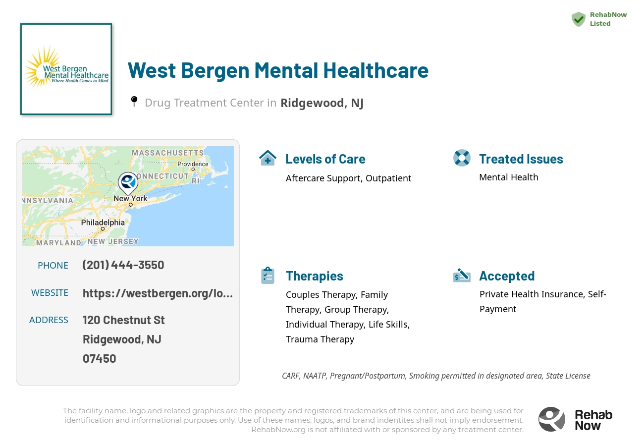 Helpful reference information for West Bergen Mental Healthcare, a drug treatment center in New Jersey located at: 120 Chestnut St, Ridgewood, NJ 07450, including phone numbers, official website, and more. Listed briefly is an overview of Levels of Care, Therapies Offered, Issues Treated, and accepted forms of Payment Methods.