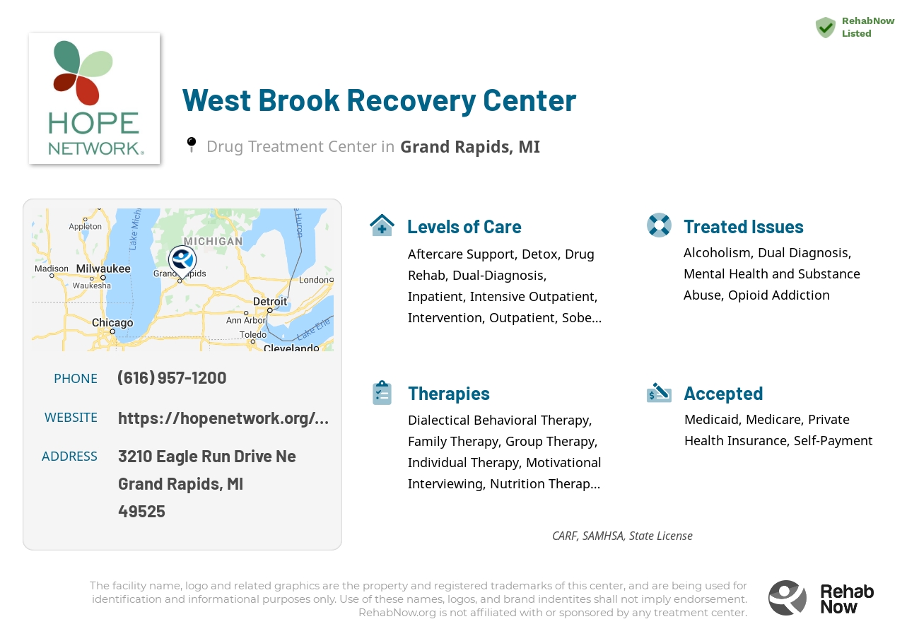 Helpful reference information for West Brook Recovery Center, a drug treatment center in Michigan located at: 3210 Eagle Run Drive Ne, Grand Rapids, MI, 49525, including phone numbers, official website, and more. Listed briefly is an overview of Levels of Care, Therapies Offered, Issues Treated, and accepted forms of Payment Methods.