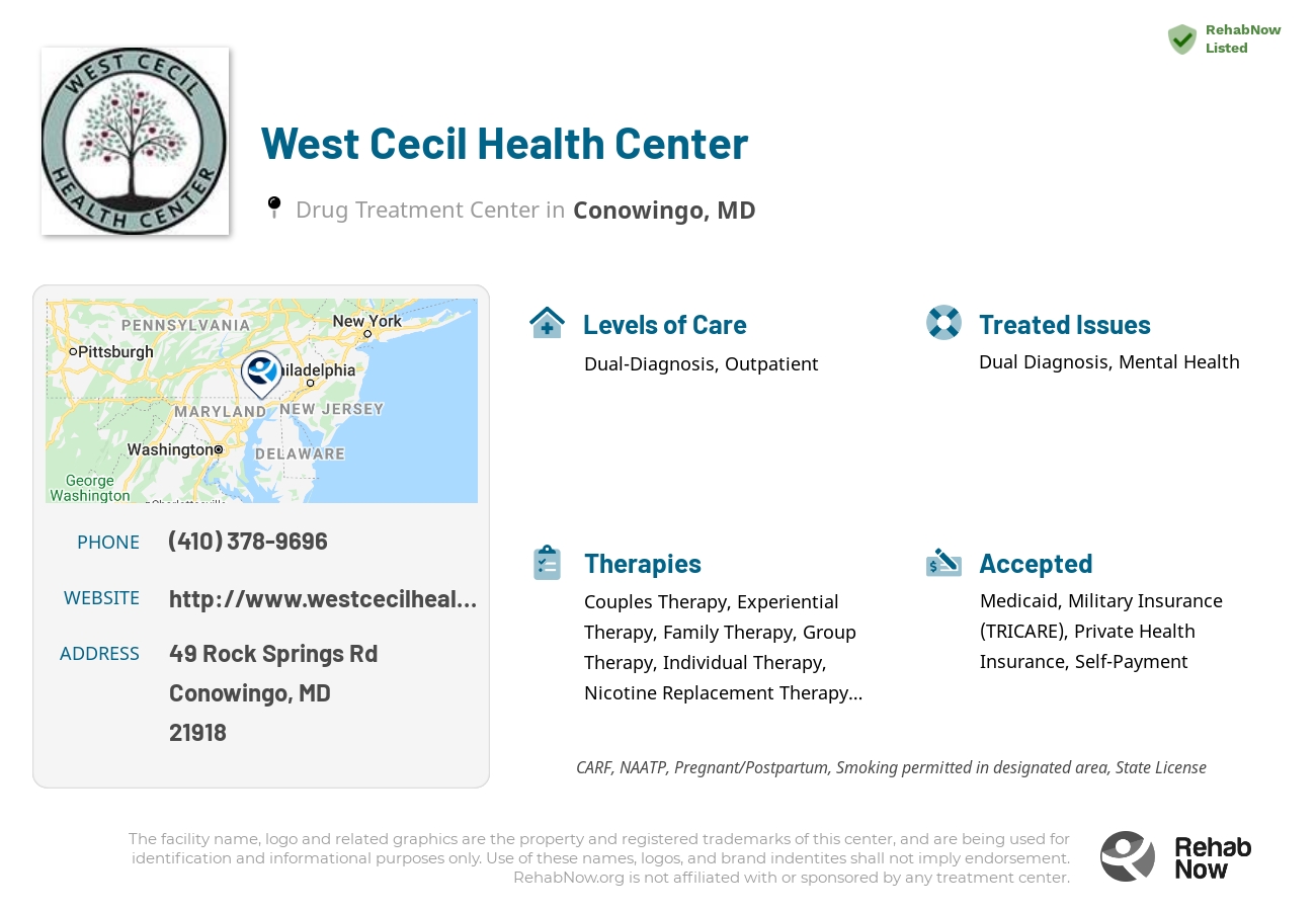 Helpful reference information for West Cecil Health Center, a drug treatment center in Maryland located at: 49 Rock Springs Rd, Conowingo, MD 21918, including phone numbers, official website, and more. Listed briefly is an overview of Levels of Care, Therapies Offered, Issues Treated, and accepted forms of Payment Methods.