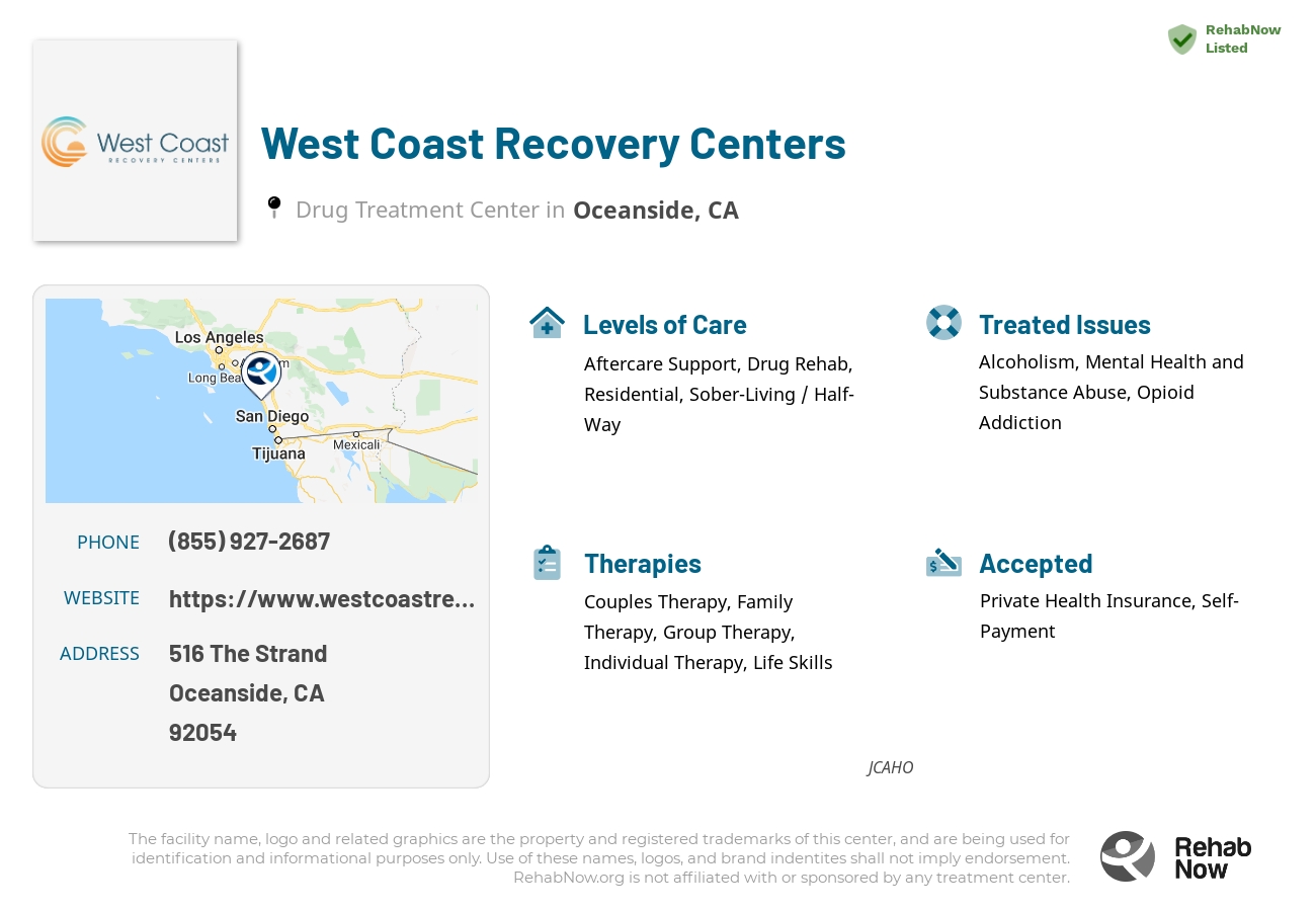 Helpful reference information for West Coast Recovery Centers, a drug treatment center in California located at: 516 The Strand, Oceanside, CA 92054, including phone numbers, official website, and more. Listed briefly is an overview of Levels of Care, Therapies Offered, Issues Treated, and accepted forms of Payment Methods.