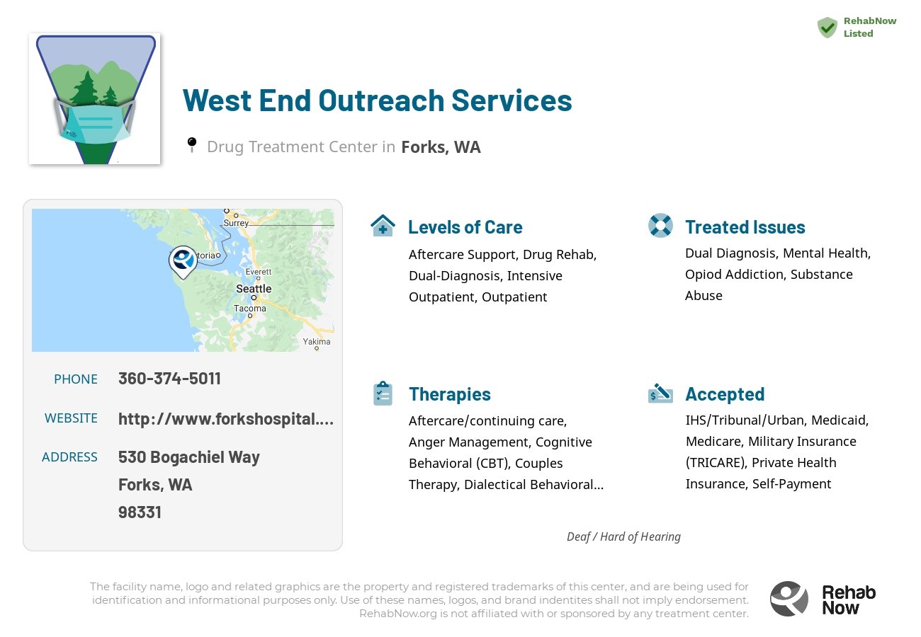 Helpful reference information for West End Outreach Services, a drug treatment center in Washington located at: 530 Bogachiel Way, Forks, WA 98331, including phone numbers, official website, and more. Listed briefly is an overview of Levels of Care, Therapies Offered, Issues Treated, and accepted forms of Payment Methods.