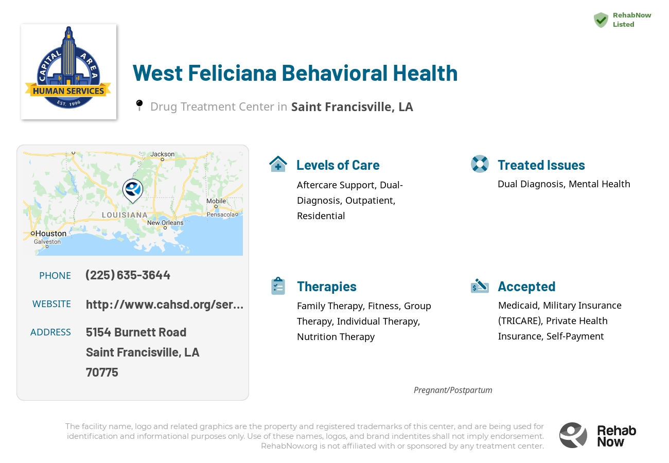 Helpful reference information for West Feliciana Behavioral Health, a drug treatment center in Louisiana located at: 5154 Burnett Road, Saint Francisville, LA, 70775, including phone numbers, official website, and more. Listed briefly is an overview of Levels of Care, Therapies Offered, Issues Treated, and accepted forms of Payment Methods.