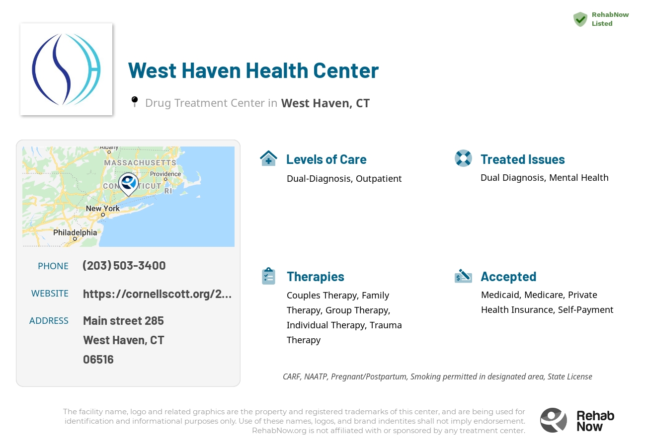 Helpful reference information for West Haven Health Center, a drug treatment center in Connecticut located at: Main street 285, West Haven, CT, 06516, including phone numbers, official website, and more. Listed briefly is an overview of Levels of Care, Therapies Offered, Issues Treated, and accepted forms of Payment Methods.