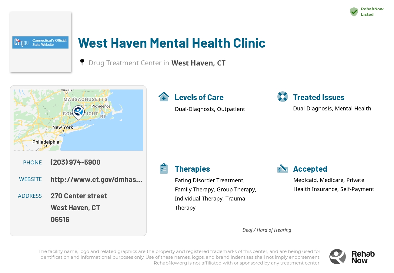 Helpful reference information for West Haven Mental Health Clinic, a drug treatment center in Connecticut located at: 270 Center street, West Haven, CT, 06516, including phone numbers, official website, and more. Listed briefly is an overview of Levels of Care, Therapies Offered, Issues Treated, and accepted forms of Payment Methods.