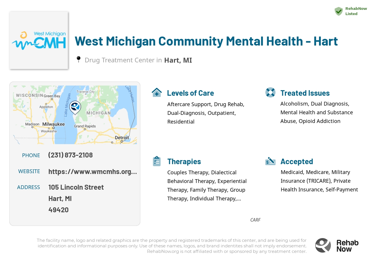 Helpful reference information for West Michigan Community Mental Health - Hart, a drug treatment center in Michigan located at: 105 Lincoln Street, Hart, MI, 49420, including phone numbers, official website, and more. Listed briefly is an overview of Levels of Care, Therapies Offered, Issues Treated, and accepted forms of Payment Methods.