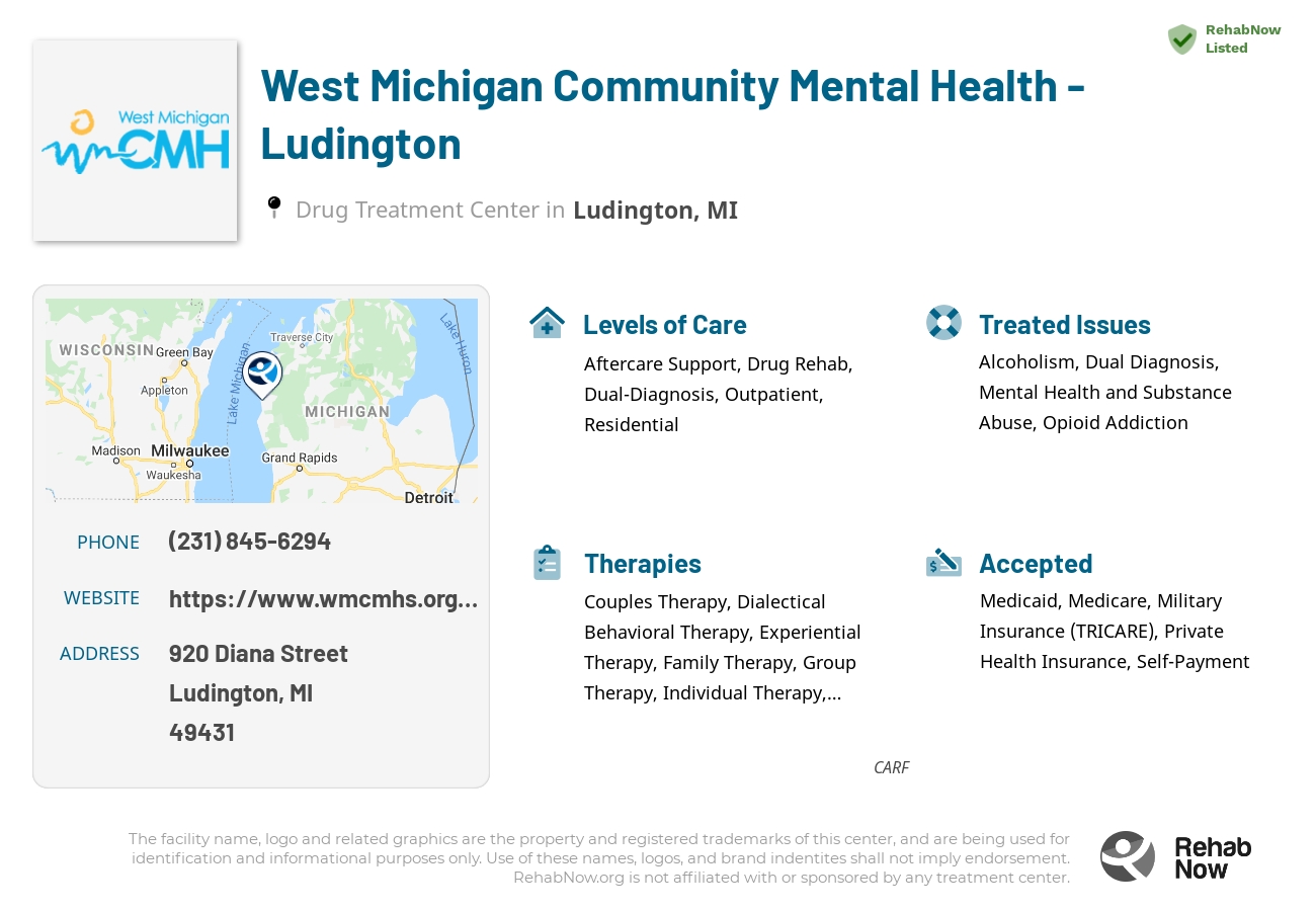 Helpful reference information for West Michigan Community Mental Health - Ludington, a drug treatment center in Michigan located at: 920 Diana Street, Ludington, MI, 49431, including phone numbers, official website, and more. Listed briefly is an overview of Levels of Care, Therapies Offered, Issues Treated, and accepted forms of Payment Methods.
