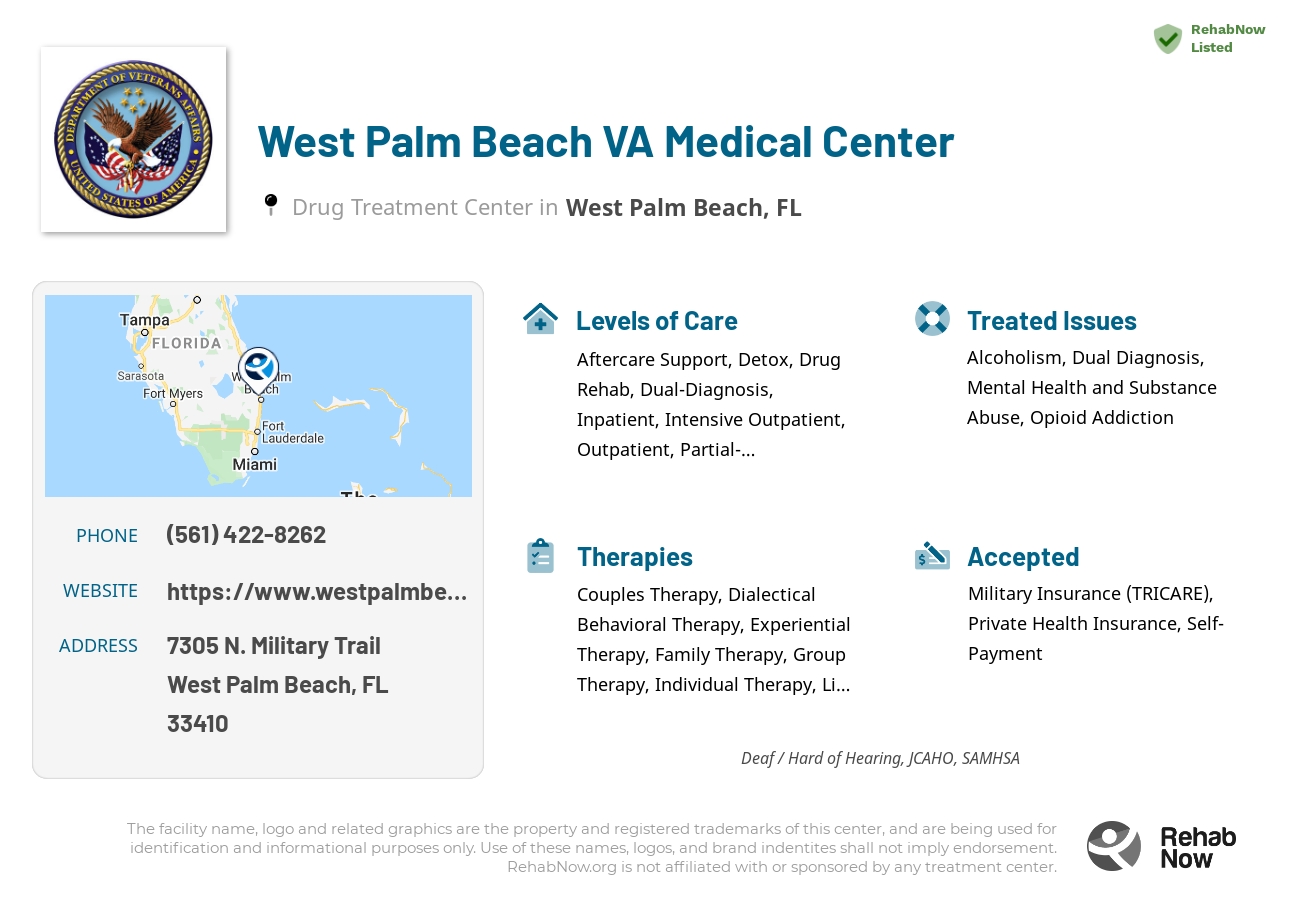 Helpful reference information for West Palm Beach VA Medical Center, a drug treatment center in Florida located at: 7305 N. Military Trail, West Palm Beach, FL, 33410, including phone numbers, official website, and more. Listed briefly is an overview of Levels of Care, Therapies Offered, Issues Treated, and accepted forms of Payment Methods.