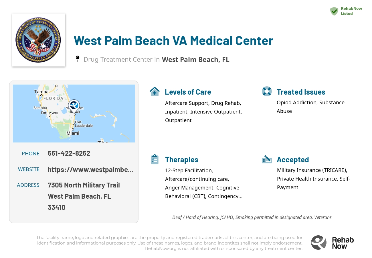 Helpful reference information for West Palm Beach VA Medical Center, a drug treatment center in Florida located at: 7305 North Military Trail, West Palm Beach, FL 33410, including phone numbers, official website, and more. Listed briefly is an overview of Levels of Care, Therapies Offered, Issues Treated, and accepted forms of Payment Methods.
