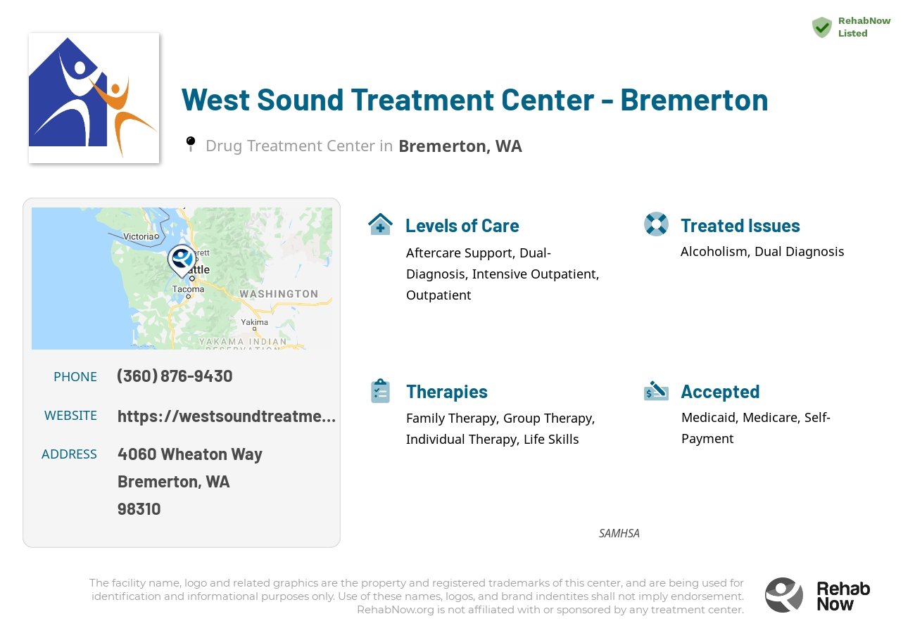Helpful reference information for West Sound Treatment Center - Bremerton, a drug treatment center in Washington located at: 4060 Wheaton Way, Bremerton, WA, 98310, including phone numbers, official website, and more. Listed briefly is an overview of Levels of Care, Therapies Offered, Issues Treated, and accepted forms of Payment Methods.