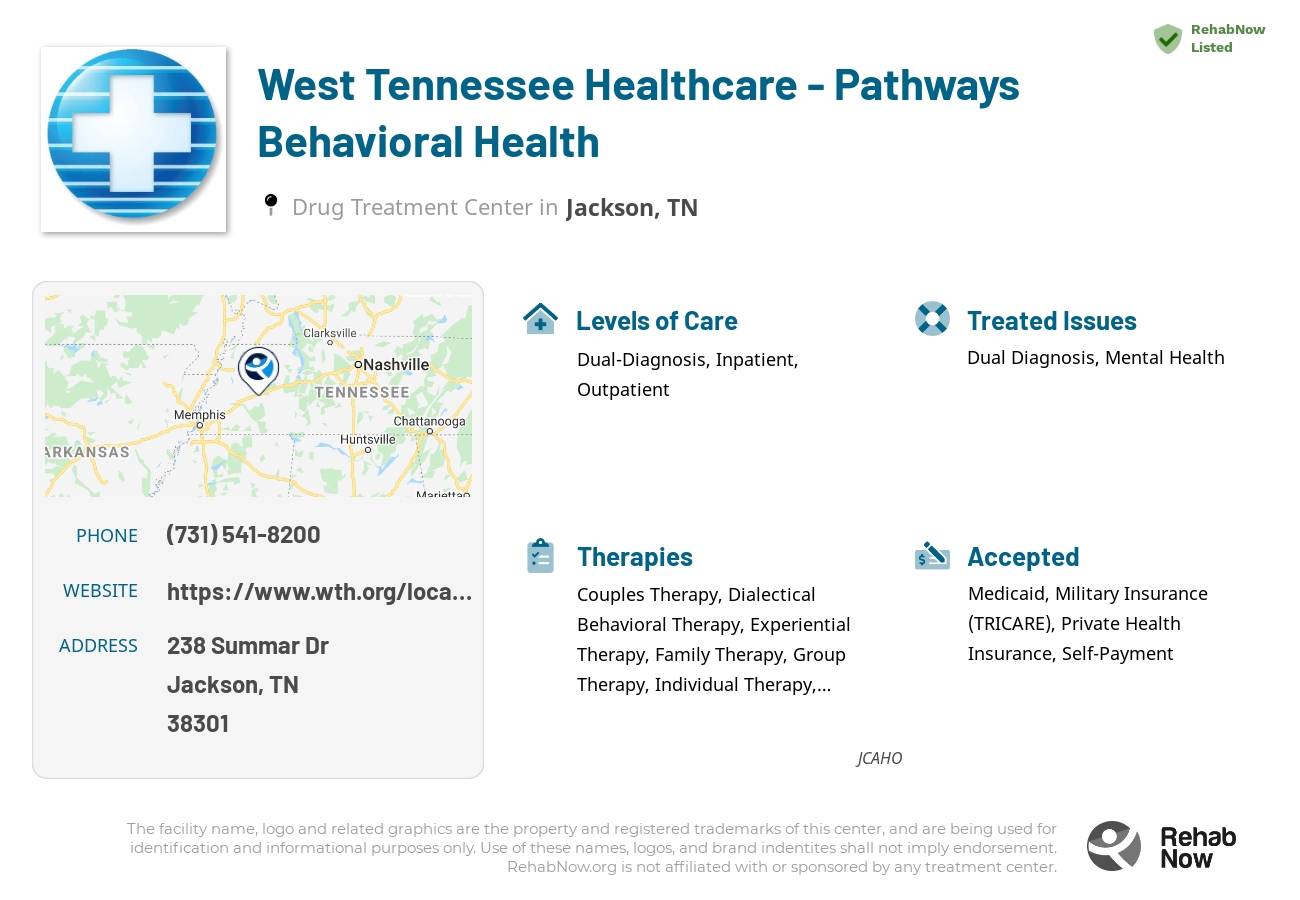 Helpful reference information for West Tennessee Healthcare - Pathways Behavioral Health, a drug treatment center in Tennessee located at: 238 Summar Dr, Jackson, TN 38301, including phone numbers, official website, and more. Listed briefly is an overview of Levels of Care, Therapies Offered, Issues Treated, and accepted forms of Payment Methods.