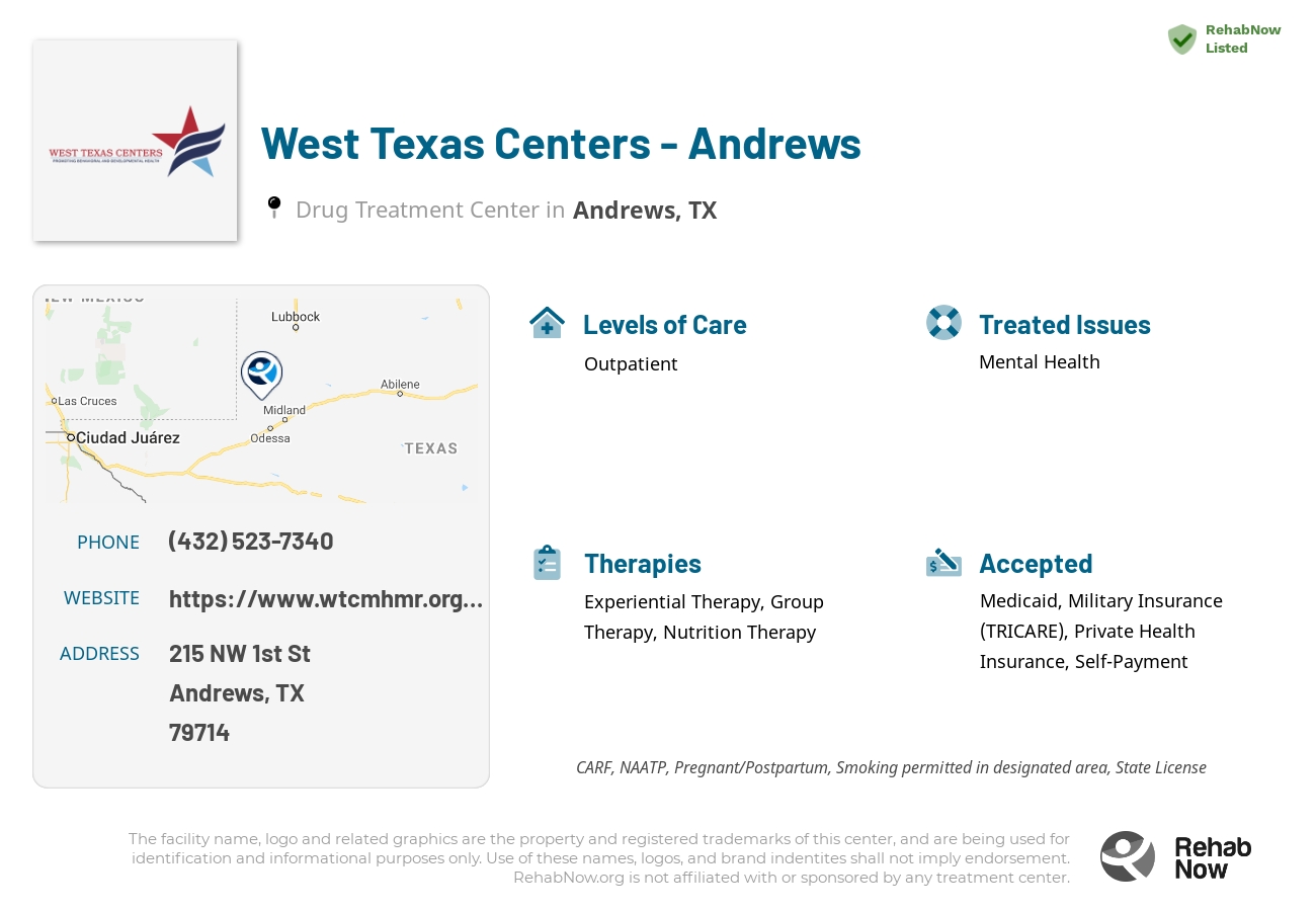 Helpful reference information for West Texas Centers - Andrews, a drug treatment center in Texas located at: 215 NW 1st St, Andrews, TX 79714, including phone numbers, official website, and more. Listed briefly is an overview of Levels of Care, Therapies Offered, Issues Treated, and accepted forms of Payment Methods.
