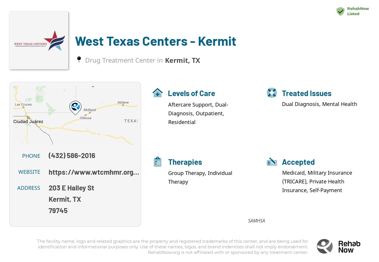 Helpful reference information for West Texas Centers - Kermit, a drug treatment center in Texas located at: 203 E Halley St, Kermit, TX 79745, including phone numbers, official website, and more. Listed briefly is an overview of Levels of Care, Therapies Offered, Issues Treated, and accepted forms of Payment Methods.