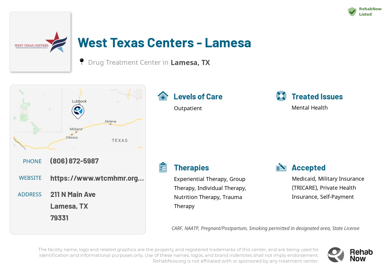 Helpful reference information for West Texas Centers - Lamesa, a drug treatment center in Texas located at: 211 N Main Ave, Lamesa, TX 79331, including phone numbers, official website, and more. Listed briefly is an overview of Levels of Care, Therapies Offered, Issues Treated, and accepted forms of Payment Methods.