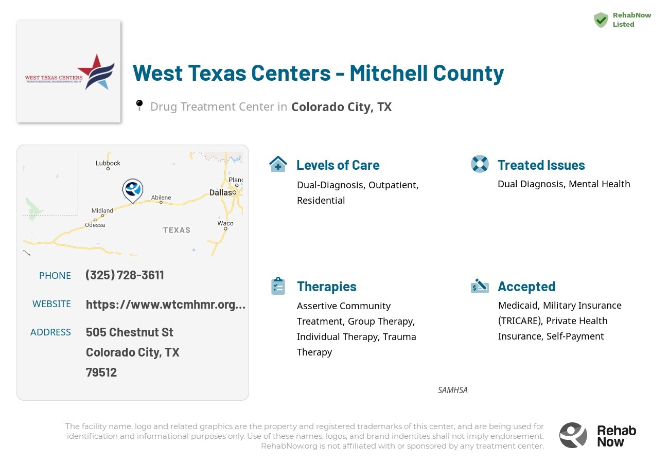Helpful reference information for West Texas Centers - Mitchell County, a drug treatment center in Texas located at: 505 Chestnut St, Colorado City, TX 79512, including phone numbers, official website, and more. Listed briefly is an overview of Levels of Care, Therapies Offered, Issues Treated, and accepted forms of Payment Methods.