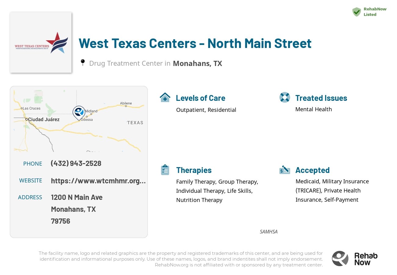 Helpful reference information for West Texas Centers - North Main Street, a drug treatment center in Texas located at: 1200 N Main Ave, Monahans, TX 79756, including phone numbers, official website, and more. Listed briefly is an overview of Levels of Care, Therapies Offered, Issues Treated, and accepted forms of Payment Methods.