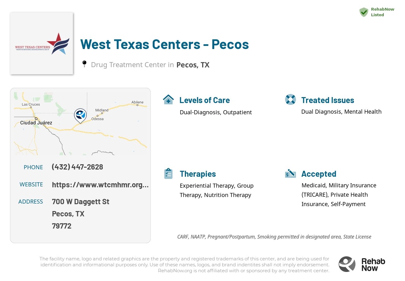 Helpful reference information for West Texas Centers - Pecos, a drug treatment center in Texas located at: 700 W Daggett St, Pecos, TX 79772, including phone numbers, official website, and more. Listed briefly is an overview of Levels of Care, Therapies Offered, Issues Treated, and accepted forms of Payment Methods.
