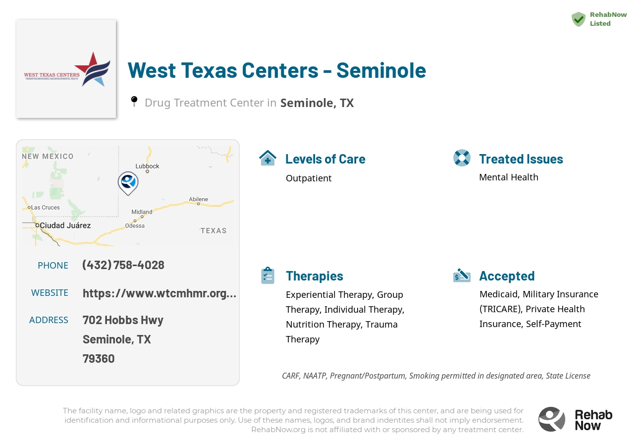 Helpful reference information for West Texas Centers - Seminole, a drug treatment center in Texas located at: 702 Hobbs Hwy, Seminole, TX 79360, including phone numbers, official website, and more. Listed briefly is an overview of Levels of Care, Therapies Offered, Issues Treated, and accepted forms of Payment Methods.