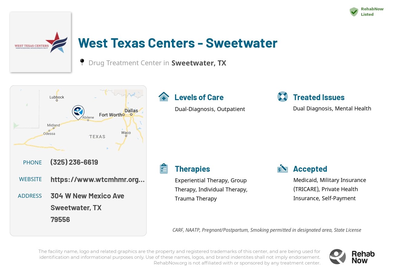 Helpful reference information for West Texas Centers - Sweetwater, a drug treatment center in Texas located at: 304 W New Mexico Ave, Sweetwater, TX 79556, including phone numbers, official website, and more. Listed briefly is an overview of Levels of Care, Therapies Offered, Issues Treated, and accepted forms of Payment Methods.