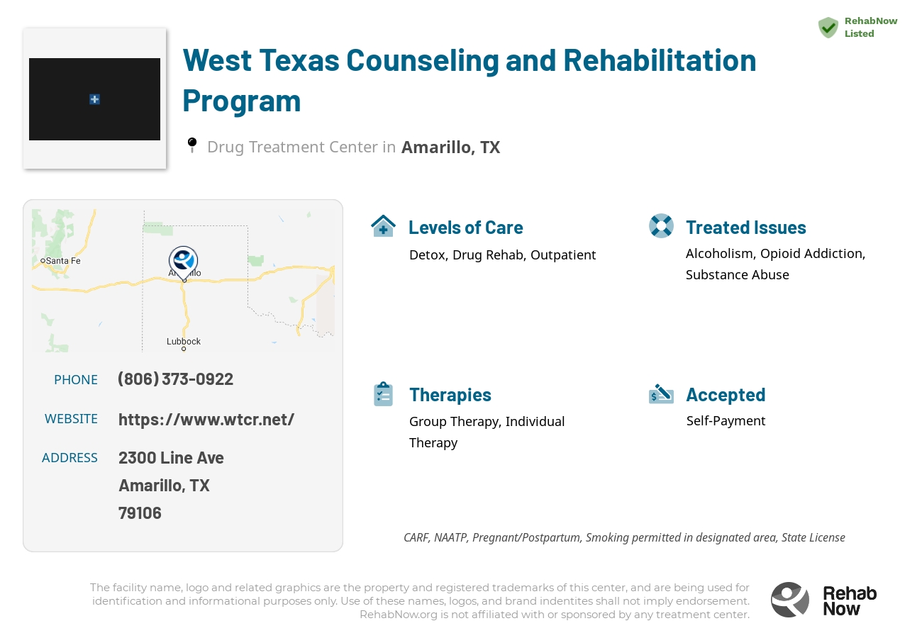 Helpful reference information for West Texas Counseling and Rehabilitation Program, a drug treatment center in Texas located at: 2300 Line Ave, Amarillo, TX 79106, including phone numbers, official website, and more. Listed briefly is an overview of Levels of Care, Therapies Offered, Issues Treated, and accepted forms of Payment Methods.