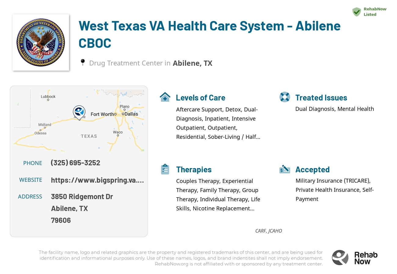 Helpful reference information for West Texas VA Health Care System - Abilene CBOC, a drug treatment center in Texas located at: 3850 Ridgemont Dr, Abilene, TX 79606, including phone numbers, official website, and more. Listed briefly is an overview of Levels of Care, Therapies Offered, Issues Treated, and accepted forms of Payment Methods.