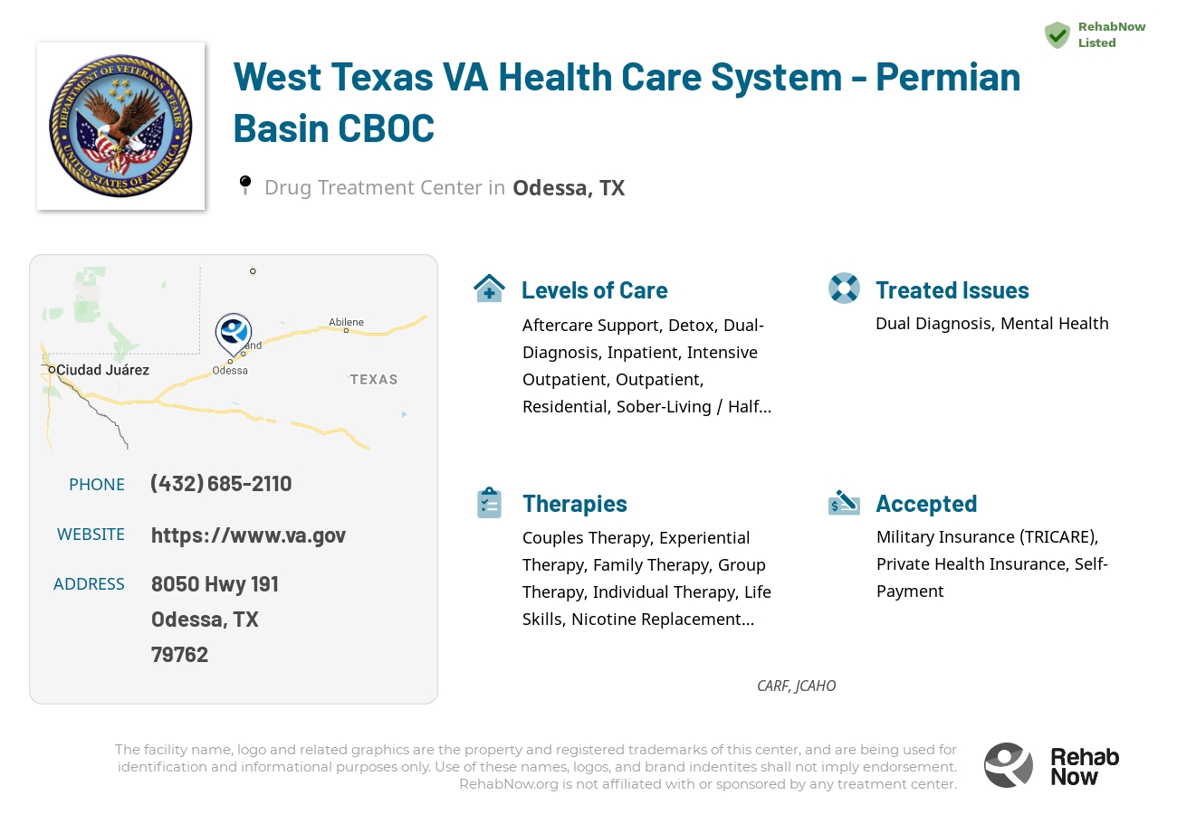 Helpful reference information for West Texas VA Health Care System - Permian Basin CBOC, a drug treatment center in Texas located at: 8050 Hwy 191, Odessa, TX 79762, including phone numbers, official website, and more. Listed briefly is an overview of Levels of Care, Therapies Offered, Issues Treated, and accepted forms of Payment Methods.