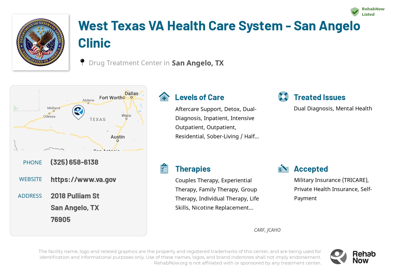 Helpful reference information for West Texas VA Health Care System - San Angelo Clinic, a drug treatment center in Texas located at: 2018 Pulliam St, San Angelo, TX 76905, including phone numbers, official website, and more. Listed briefly is an overview of Levels of Care, Therapies Offered, Issues Treated, and accepted forms of Payment Methods.