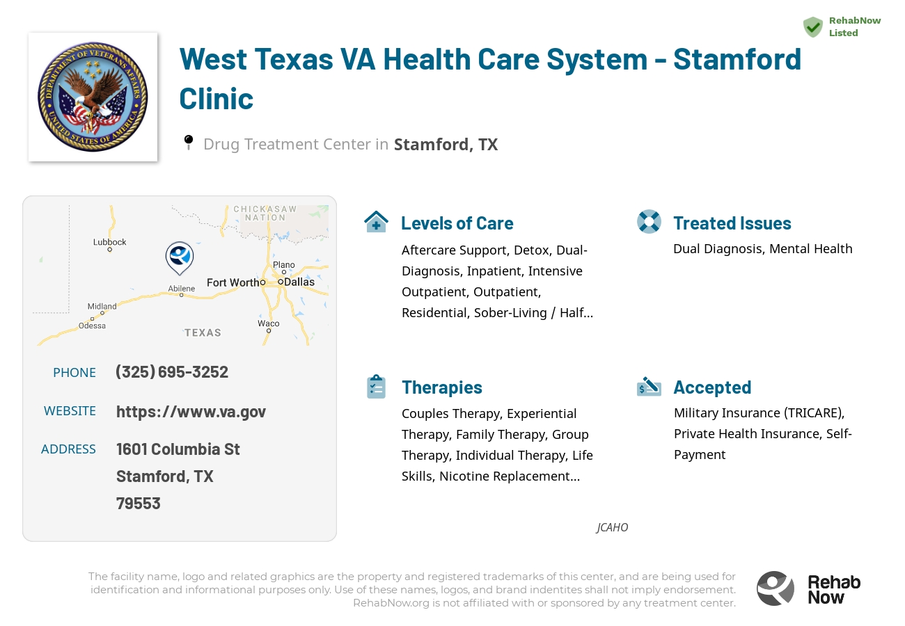 Helpful reference information for West Texas VA Health Care System - Stamford Clinic, a drug treatment center in Texas located at: 1601 Columbia St, Stamford, TX 79553, including phone numbers, official website, and more. Listed briefly is an overview of Levels of Care, Therapies Offered, Issues Treated, and accepted forms of Payment Methods.