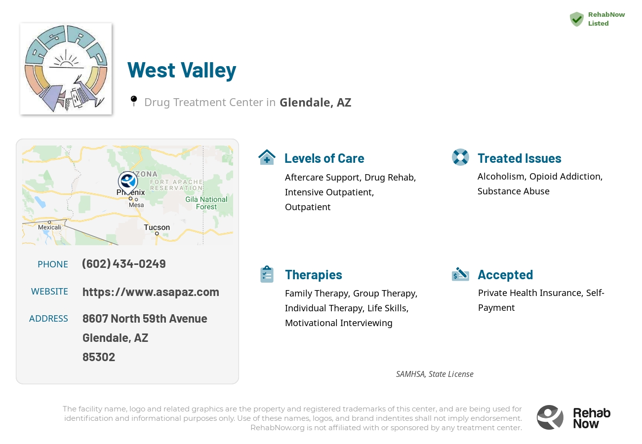 Helpful reference information for West Valley, a drug treatment center in Arizona located at: 8607 8607 North 59th Avenue, Glendale, AZ 85302, including phone numbers, official website, and more. Listed briefly is an overview of Levels of Care, Therapies Offered, Issues Treated, and accepted forms of Payment Methods.