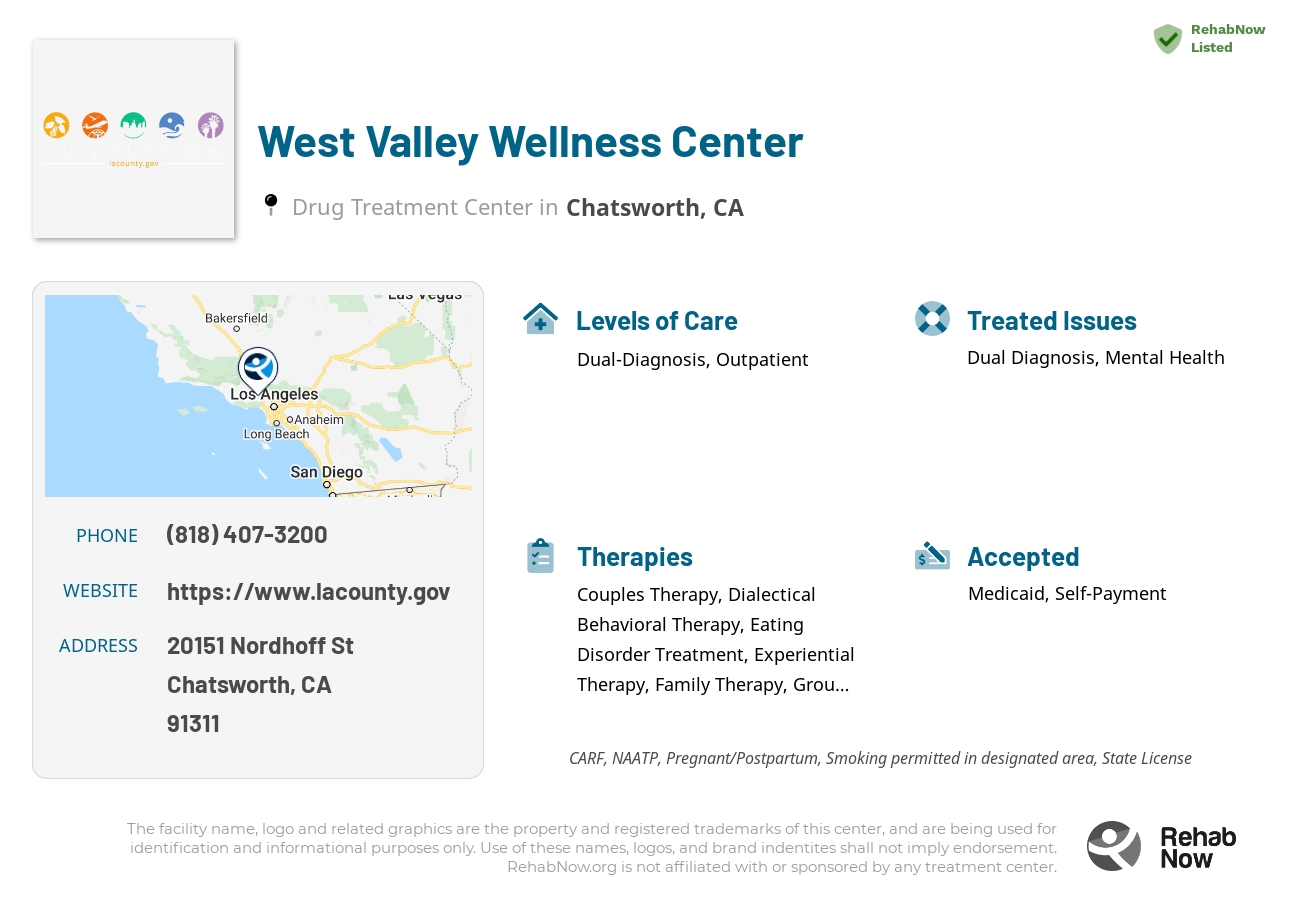 Helpful reference information for West Valley Wellness Center, a drug treatment center in California located at: 20151 Nordhoff St, Chatsworth, CA 91311, including phone numbers, official website, and more. Listed briefly is an overview of Levels of Care, Therapies Offered, Issues Treated, and accepted forms of Payment Methods.