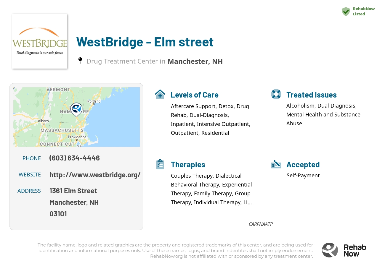 Helpful reference information for WestBridge - Elm street, a drug treatment center in New Hampshire located at: 1361 1361 Elm Street, Manchester, NH 03101, including phone numbers, official website, and more. Listed briefly is an overview of Levels of Care, Therapies Offered, Issues Treated, and accepted forms of Payment Methods.