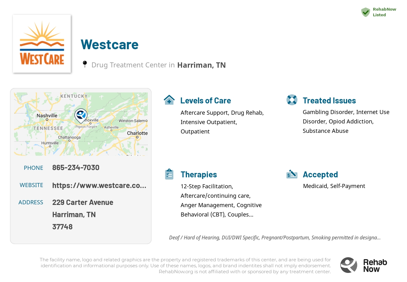 Helpful reference information for Westcare, a drug treatment center in Tennessee located at: 229 Carter Avenue, Harriman, TN 37748, including phone numbers, official website, and more. Listed briefly is an overview of Levels of Care, Therapies Offered, Issues Treated, and accepted forms of Payment Methods.