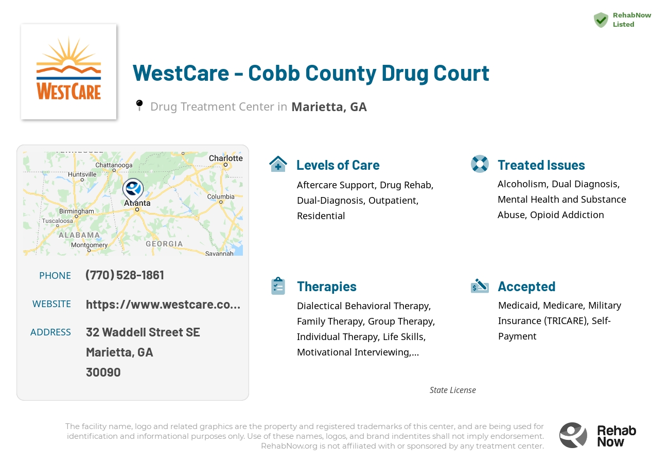 Helpful reference information for WestCare - Cobb County Drug Court, a drug treatment center in Georgia located at: 32 32 Waddell Street SE, Marietta, GA 30090, including phone numbers, official website, and more. Listed briefly is an overview of Levels of Care, Therapies Offered, Issues Treated, and accepted forms of Payment Methods.