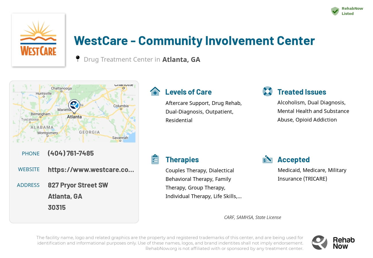 Helpful reference information for WestCare - Community Involvement Center, a drug treatment center in Georgia located at: 827 827 Pryor Street SW, Atlanta, GA 30315, including phone numbers, official website, and more. Listed briefly is an overview of Levels of Care, Therapies Offered, Issues Treated, and accepted forms of Payment Methods.