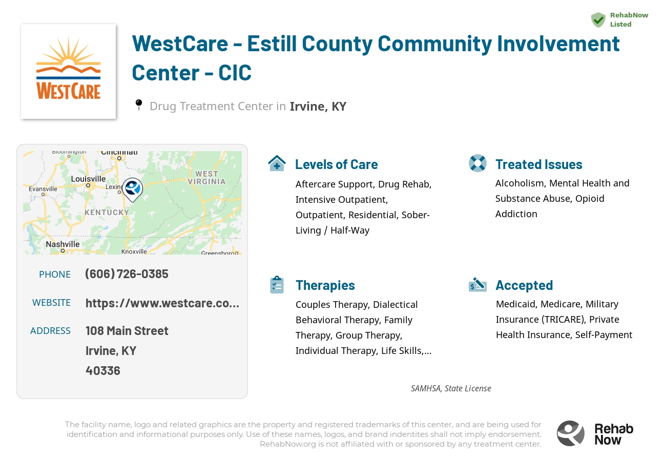 Helpful reference information for WestCare - Estill County Community Involvement Center - CIC, a drug treatment center in Kentucky located at: 108 Main Street, Irvine, KY, 40336, including phone numbers, official website, and more. Listed briefly is an overview of Levels of Care, Therapies Offered, Issues Treated, and accepted forms of Payment Methods.
