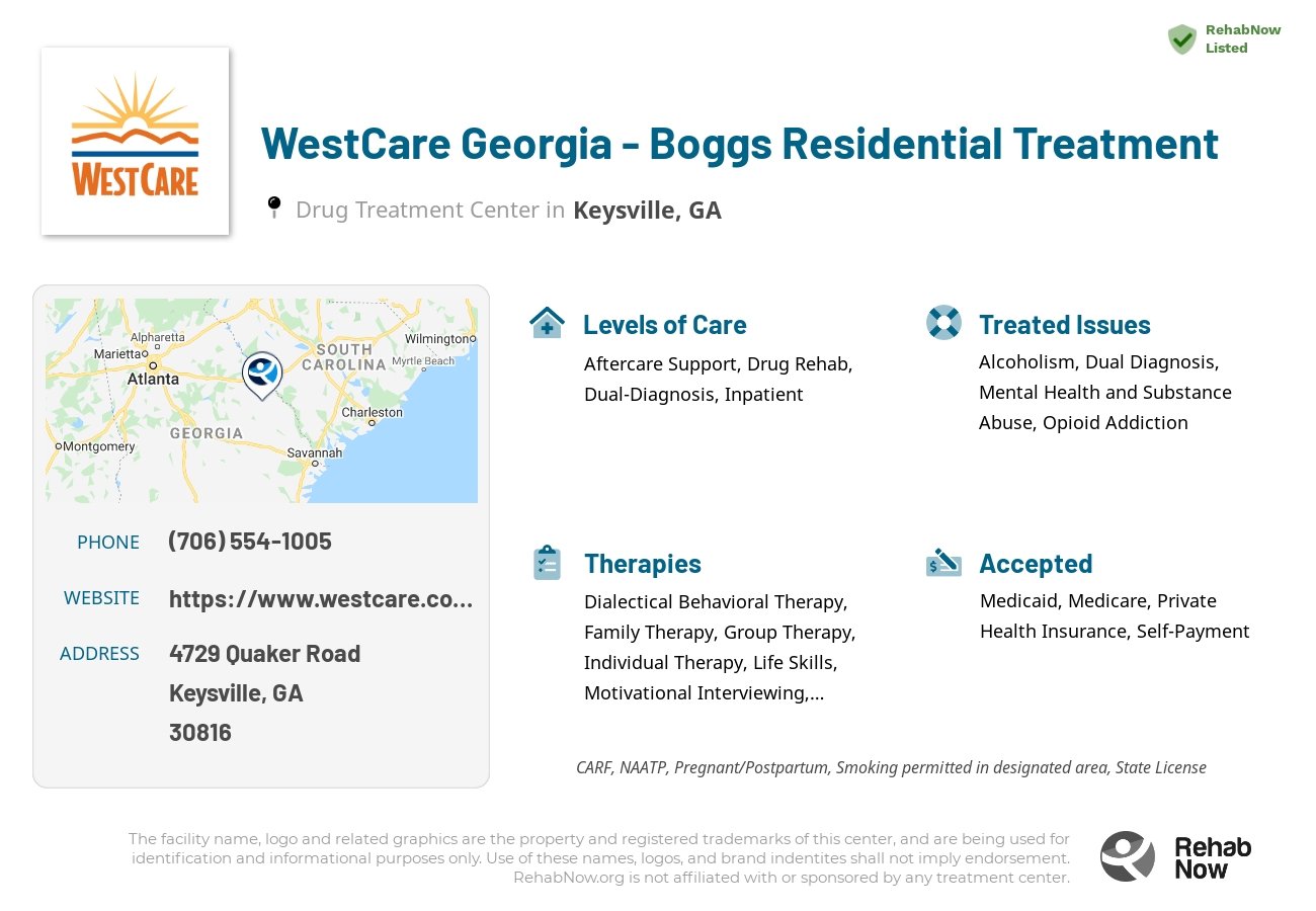Helpful reference information for WestCare Georgia - Boggs Residential Treatment, a drug treatment center in Georgia located at: 4729 4729 Quaker Road, Keysville, GA 30816, including phone numbers, official website, and more. Listed briefly is an overview of Levels of Care, Therapies Offered, Issues Treated, and accepted forms of Payment Methods.