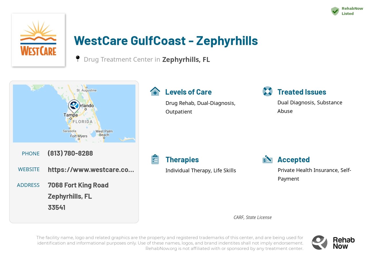 Helpful reference information for WestCare GulfCoast - Zephyrhills, a drug treatment center in Florida located at: 7068 Fort King Road, Zephyrhills, FL, 33541, including phone numbers, official website, and more. Listed briefly is an overview of Levels of Care, Therapies Offered, Issues Treated, and accepted forms of Payment Methods.