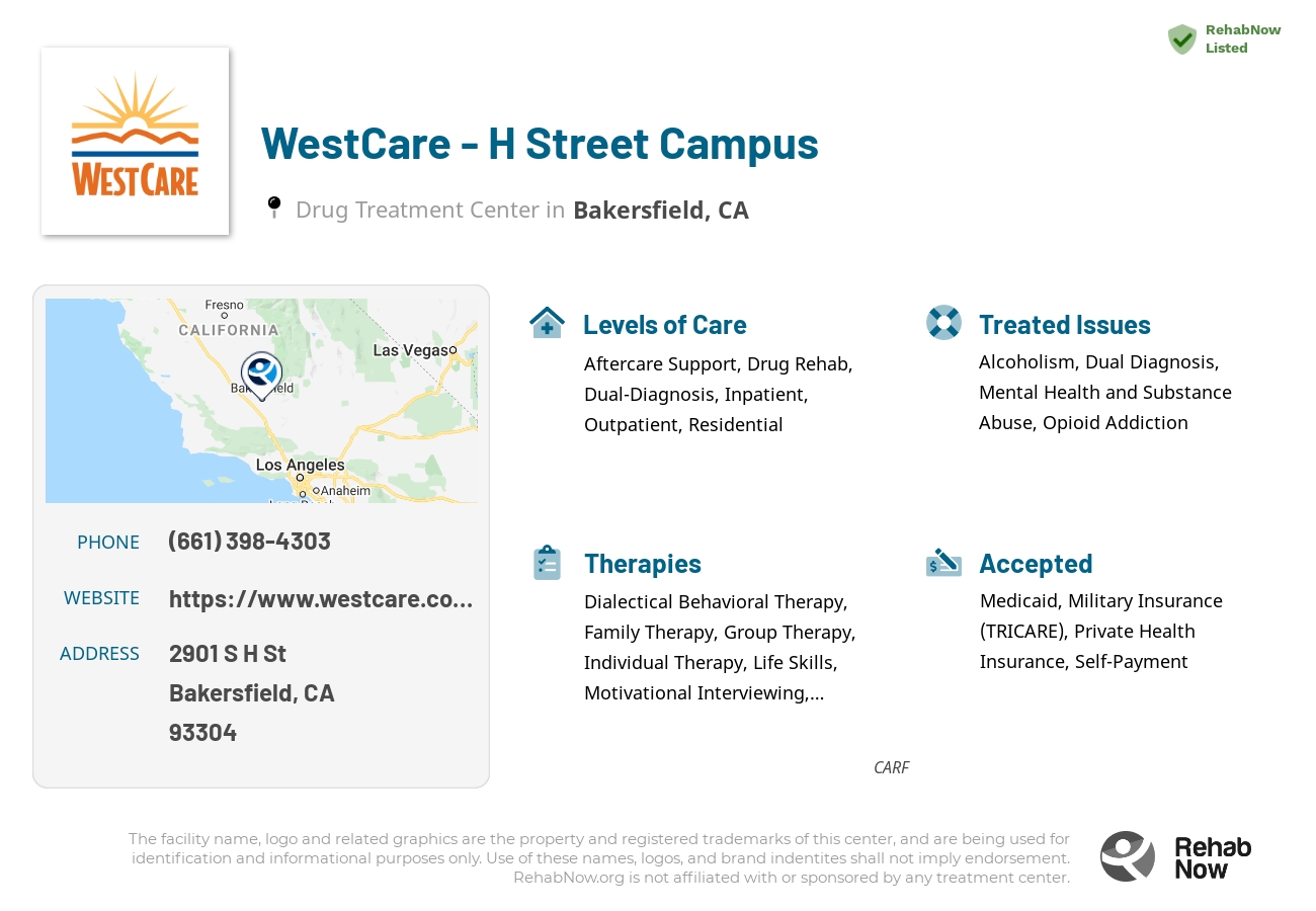 Helpful reference information for WestCare - H Street Campus, a drug treatment center in California located at: 2901 S H St, Bakersfield, CA 93304, including phone numbers, official website, and more. Listed briefly is an overview of Levels of Care, Therapies Offered, Issues Treated, and accepted forms of Payment Methods.