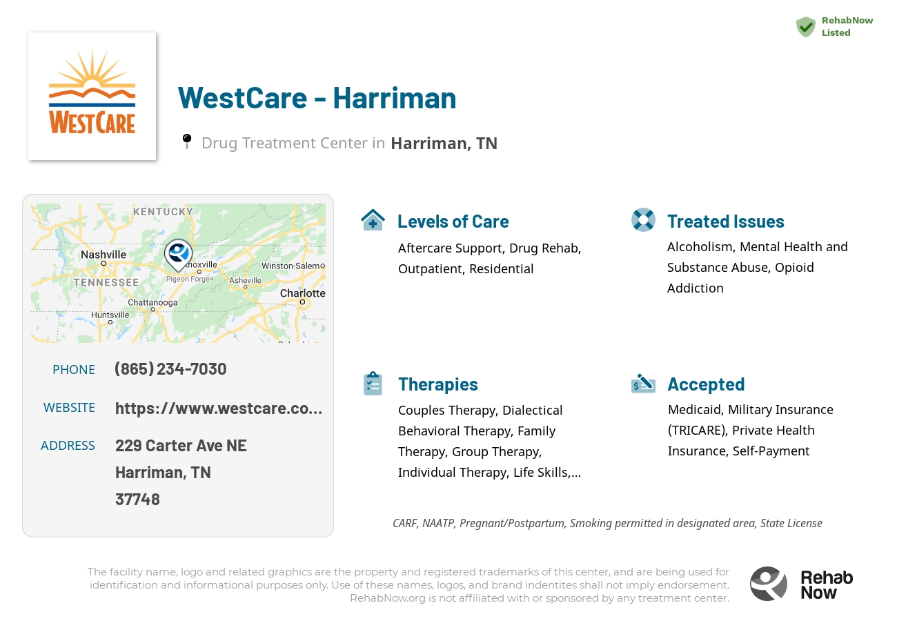 Helpful reference information for WestCare - Harriman, a drug treatment center in Tennessee located at: 229 Carter Ave NE, Harriman, TN 37748, including phone numbers, official website, and more. Listed briefly is an overview of Levels of Care, Therapies Offered, Issues Treated, and accepted forms of Payment Methods.