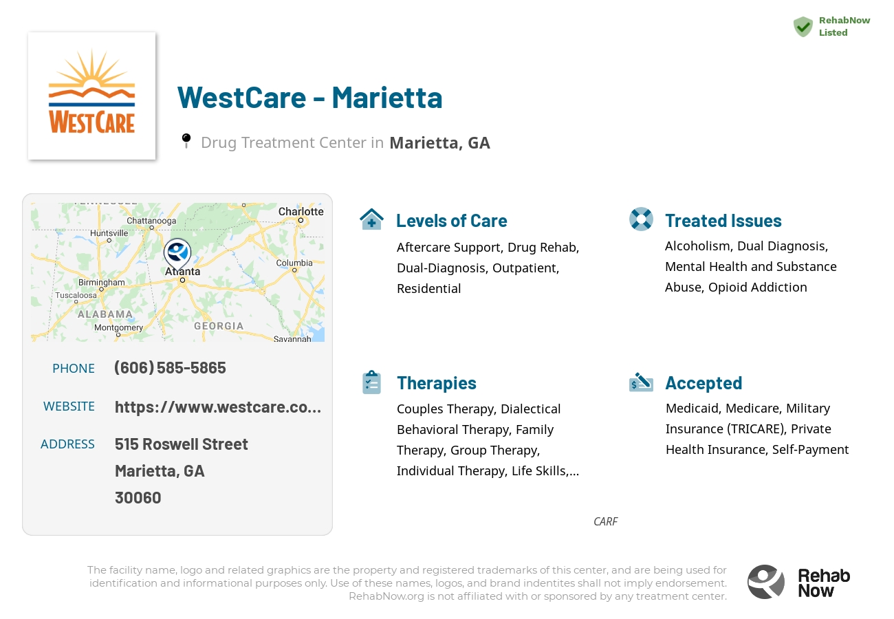 Helpful reference information for WestCare - Marietta, a drug treatment center in Georgia located at: 515 515 Roswell Street, Marietta, GA 30060, including phone numbers, official website, and more. Listed briefly is an overview of Levels of Care, Therapies Offered, Issues Treated, and accepted forms of Payment Methods.