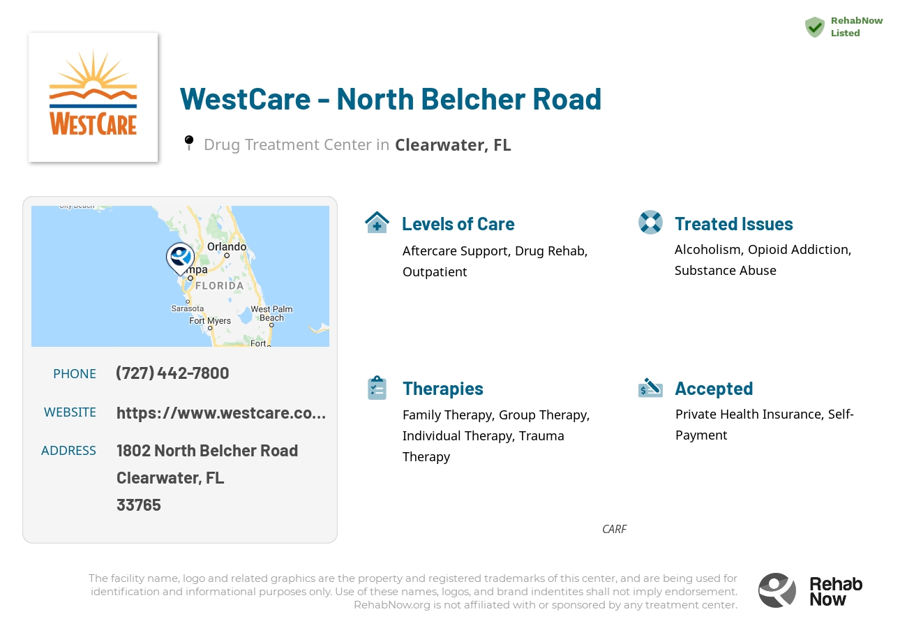 Helpful reference information for WestCare - North Belcher Road, a drug treatment center in Florida located at: 1802 North Belcher Road, Clearwater, FL, 33765, including phone numbers, official website, and more. Listed briefly is an overview of Levels of Care, Therapies Offered, Issues Treated, and accepted forms of Payment Methods.
