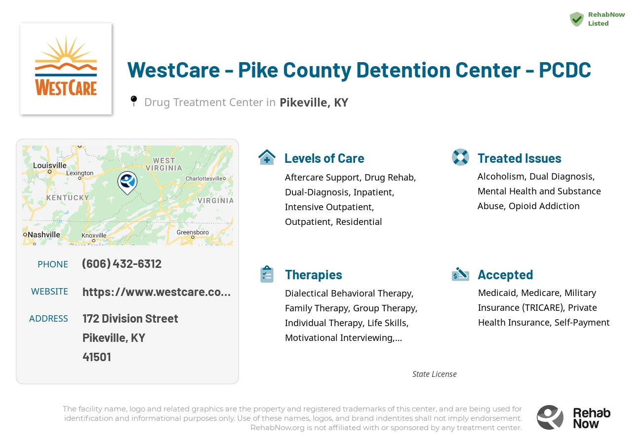 Helpful reference information for WestCare - Pike County Detention Center - PCDC, a drug treatment center in Kentucky located at: 172 Division Street, Pikeville, KY, 41501, including phone numbers, official website, and more. Listed briefly is an overview of Levels of Care, Therapies Offered, Issues Treated, and accepted forms of Payment Methods.