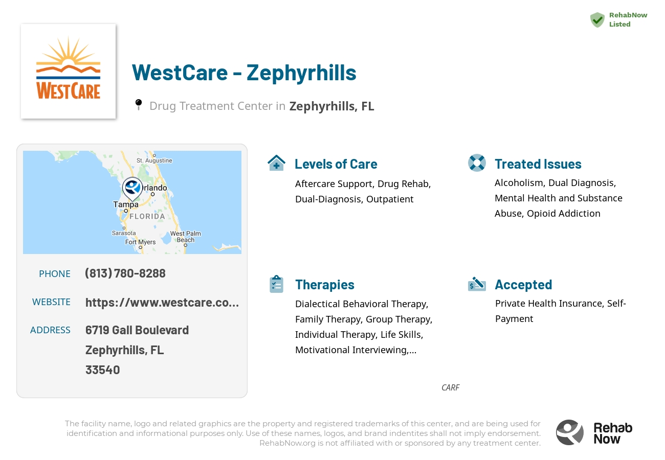 Helpful reference information for WestCare - Zephyrhills, a drug treatment center in Florida located at: 6719 Gall Boulevard, Zephyrhills, FL, 33540, including phone numbers, official website, and more. Listed briefly is an overview of Levels of Care, Therapies Offered, Issues Treated, and accepted forms of Payment Methods.