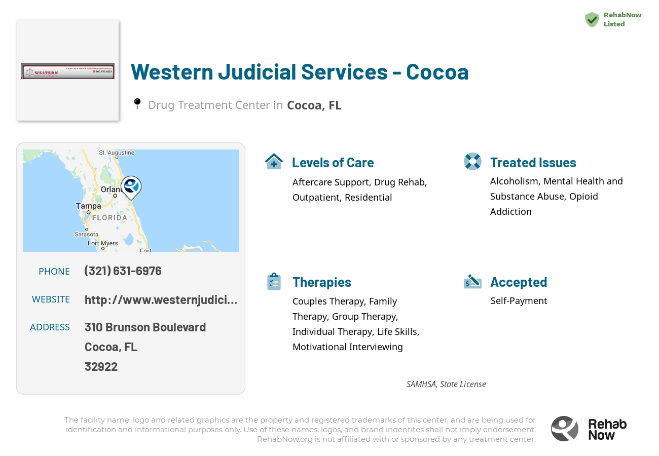 Helpful reference information for Western Judicial Services - Cocoa, a drug treatment center in Florida located at: 310 Brunson Boulevard, Cocoa, FL, 32922, including phone numbers, official website, and more. Listed briefly is an overview of Levels of Care, Therapies Offered, Issues Treated, and accepted forms of Payment Methods.